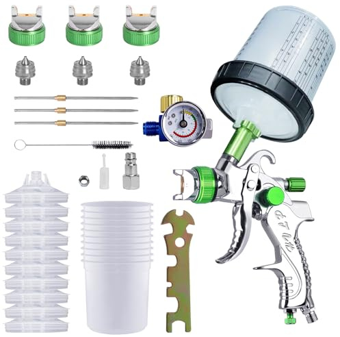 HVLP Lackierpistole Set-Spritzpistole mit 10 Einwegbechern(600ml) und Manometer, Auto-Spritzpistolen-Set mit 3 Düsen(1.4/1.7/2.0 mm),Farbmischung, Schnellbecher für Zuhause(Grün)