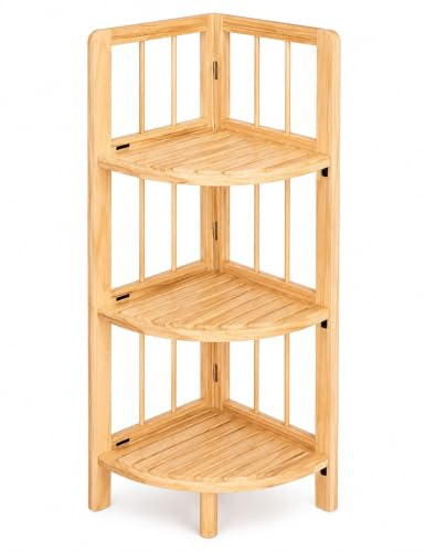 FAHD TRADERS 3 Tier Foldable Corner Shelf Solid Wood Storage Rack 27x27x84.5cm | Space Saving Corner Bookshelf Display Stand for Living Room Bedroom Bathroom Kitchen Plant Stand