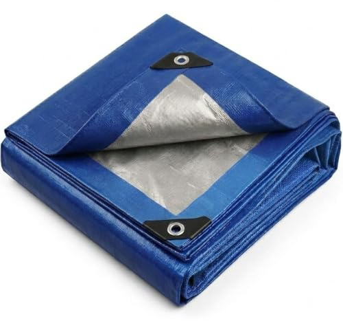 3m x 7m Blue-Silver Reversible Heavy Duty Waterproof Tarpaulin, Reinforced Grommets Every 50cm, UV/Tear Resistant PE Tarp Sheet for Outdoor Camping Garden Furniture Cover