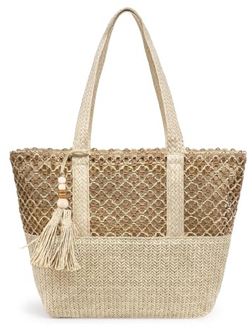 Aucuu Straw Beach Tote Bag Women, Straw Woven Beach Shoulder Bags, Handwoven Straw Handbag with Zipper, Straw Handbags for Women, Summer Beach Bag Tote Bag for Holiday Travel Pool Daily