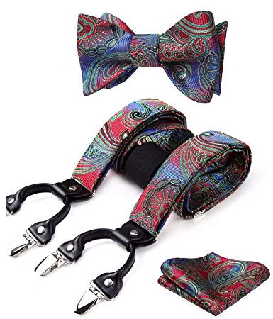 HISDERN Hosenträger für Herren Extra Stark Hosenträger und Fliege Einstecktuch Set Paisley Florale Breit Hochzeit Längenverstellbar Y Style Mit 6 Clips Braces