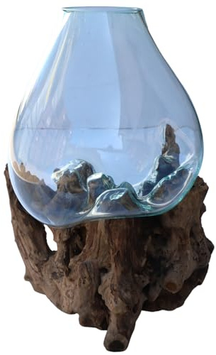Wurzelholz Vase, vielseitig einsetzbar, XXL M2 | Hergestellt aus Kaffeebaumholz, Recyclingglas, für Kerzen oder Blumen, individuelles Design, stimmungsvolle Lichtquelle.