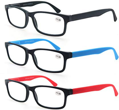 MODFANS (3 Pack) Lesebrille 1.75 Herren/Damen,Gute Brillen,Hochwertig,Rechteckige,Komfortabel,Super Lesehilfe,fur Manner und Frauen,Schwarz-Blau-Rot