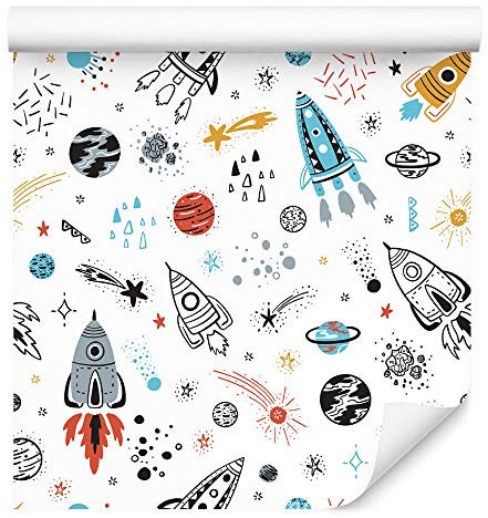 Muralo Tapete 10m Rolle Vlies Tapete Himmel Nacht Sterne Monde Planeten Raketen Vliestapete 1000 x 53cm Wand Tapete Wohnzimmer Kinderzimmer Moderne Wanddeko Wand Dekoration
