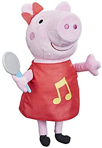 Peppa Pig Grunz-mit -Mir-Peppa - Muñeco de Peluche Cantando con Vestido Rojo y Lazo, Canta 3 Canciones, a Partir de 3 años