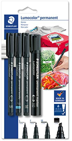 Staedtler Set di pennarelli permanenti Lumocolor, penna universale, larghezza S e M, marcatori di biancheria, punta a scalpello, impermeabile su quasi tutte le superfici, 4 pennarelli permanenti su