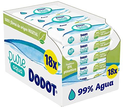 Dodot Toallitas Pure Aqua Para Bebé, 864 Toallitas (18 Packs de 48 Unidades), Ayuda A Restaurar El PH Natural De La Piel, 99% Agua, Sin plástico