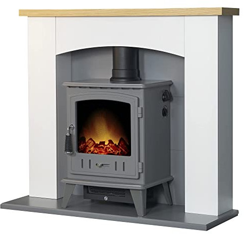 Adam Huxley in Pure White & Grey with Aviemore Electric Stove in Grey Enamel, 39 Inch