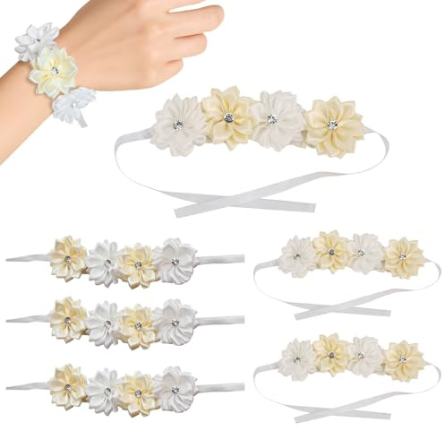 6 Stück Handgelenk Blumen Armbänder, Braut Brautjungfern Simulation Band Handgelenk Blume Dekoration Zubehör für Hochzeit Party Prom (Milchweiß)