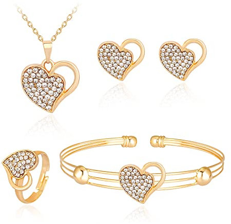 FDEETY Herz Schmuckset Zirkonia Halskette Ohrringe Armband Ring Damen Schmuck Herzanhänger Kristall Glänzend Hochwertig