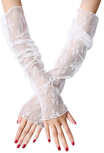 Uposao Handschuhe für Damen, Sommer Elegant Spitze Lang Handschuhe Armstulpen Sonnenschutz Fingerlose Handstulpen Hochzeit Brautstulpen Fahrhandschuhe für Hochzeit Party Karneval,Blumen Weiß