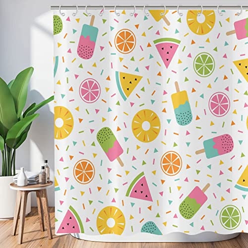 ASDCXZ Duschvorhang Sommer 180x200 cm, Sommer Erfrischend Kinder Niedlicher Zitrone EIS Bunt Waschbar Duschvorhänge Antischimmel Polyester Textil Wasserdicht Vorhang für Badewanne mit 12 Haken