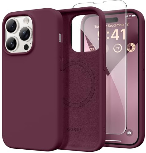 GONEZ Magnetic for iPhone 14 Pro Case, Silicone Cover Wine Red | Compatible with MagSafe, Screen Protector, Microfiber Lining, 3 Layers Soft Gel Rubber Shockproof Slim 6.1