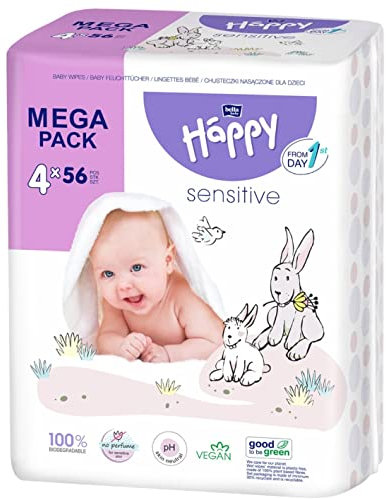bella baby Happy vegane Baby Feuchttücher Sensitive plastikfrei und biologisch abbaubar, 4er Pack (4 x 56 Stück), Feuchttücher für Babys zur Pflege von sensibler Haut