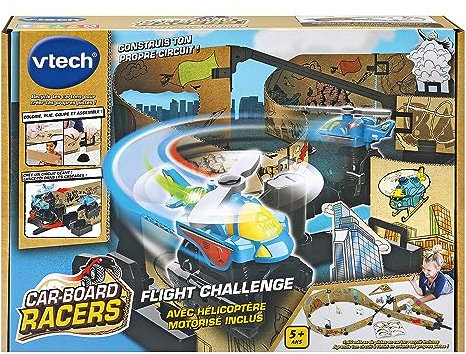 VTech - Car-Board Racers, Circuit Voitures Flight Challenge, Pistes de Course en Carton Recyclé* Extensibles à l’Infini avec Hélicoptère Motorisé, Cadeau Enfant Dès 5 Ans - Contenu en Français