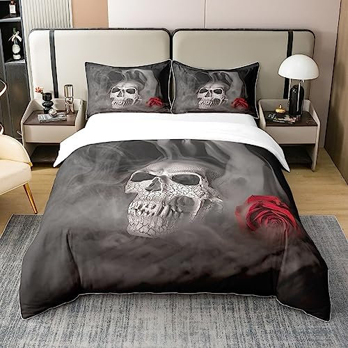 Sugar Skull Erwachsener 100% Baumwolle Bettbezug für Liebhaber Sweetheart,135x200,Rosen Super Tröster Bezug,Halloween Bettwäsche Set,Männer Rauchnebel Horror Gothic Natur Quilt Cover Grau Schwarz
