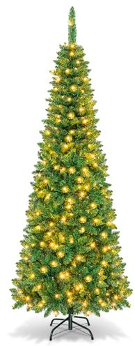 LIFEZEAL Albero di Natale con Luci Incorporate, Albero di Natale 195 cm, Albero di Natale, con 250 Luci a LED, 708 Rami, Pop Up, Stretto, Foltissimo, PVC Ignifugo, Base in Acciaio, Christmas Tree