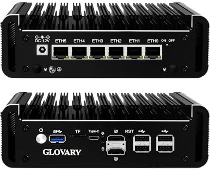 Glovary Firewall Mini PC Quad Core N100, DDR5 8GB RAM 256GB NVMe SSD, 6 x 2.5GbE i226V LAN Fanless Computer Hardware, Micro Router Appliance, AES-NI, OPNsense, TypeC Port, TF Card Slot