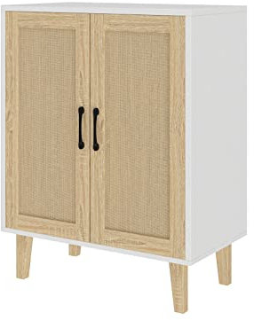 Panana Buffet Storage Cabinet with Rattan Decorating Living Room Wood Kitchen Sideboard Accent Cabinet (69(W) x 38(D) x 88(H) cm, White)