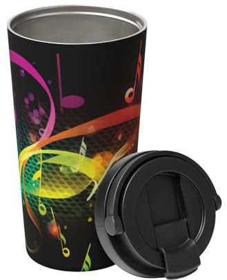 Insulated Coffee Mug with Lid Colorful Music Notes1 Travel Mug Stainless Steel Tumbler Cup for Travel Double-Wall Coffee Cup for Office Coffee Tumbler Cup for Keep Hot/Ice Coffee Tea and Beer