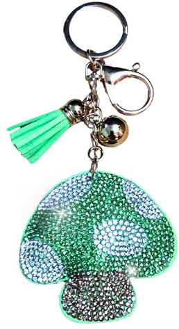 Popfizzy Strass-Schlüsselanhänger-Zubehör für Frauen, Autoschlüssel, Schlüsselanhänger, glitzernder Schlüsselanhänger, niedlicher Geldbörsen-Anhänger für Handtaschen, Grüner Pilz (Gold), Einheitsgröße