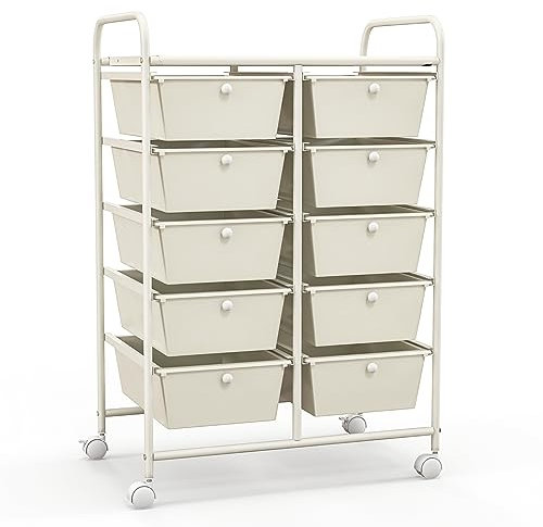 Giantex Carro de Almacenamiento con 10 Cajones Plásticos, Cajonera con 4 Ruedas 360°, 2 Bloqueables, 65,5 x 37 x 87 cm, Carrito Auxiliar para Salón, Dormitorio, Cocina, Baño (Blanco)