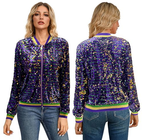 Jacke Damen Pailletten Gold Damen Metallic Bikerjacke Blazer mit Glitzer Langarm Bomberjacke Langarm Party Club Offen Glitzer Cardigan Metallic Jacket Reißverschluss Fliegenjacke