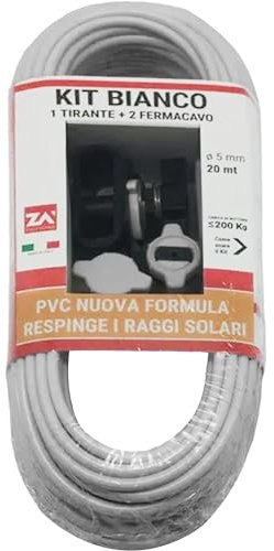 Sicignano | Cavo Bianco per Stendibiancheria, 20 m, Ø 5 mm, da Esterni, Carico fino a 200 kg, Made in Italy - Malleabile, Riciclabile, Facile da Tagliare - Filo Cavetto Stendino (Bianco con Kit)