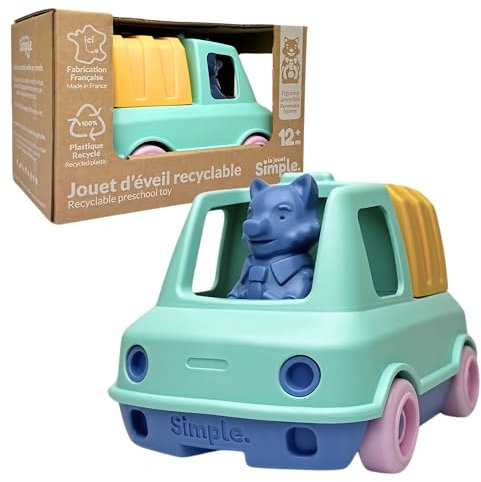 Le Jouet Simple - Camion Poubelle - Véhicule Multicolore à ordures - Jouet d’éveil - Écoresponsable - Plastique recyclé - Fabriqué en France - 100% Recyclable - Cadeau 1-4 Ans (Turquoise)