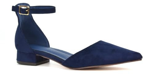 Women's Low Heel Point Toe Ankle Strap Court Shoes Ladies Navy Faux Suede Wedding Dress Flat Pumps Size 5