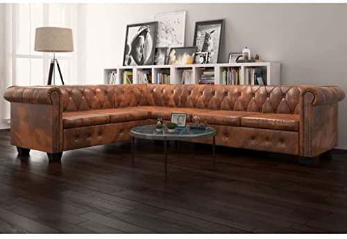 AUVNQDUC Chesterfield Ecksofa 6-Sitzer Kunstleder 260 x 205 x 73 cm(Braun)