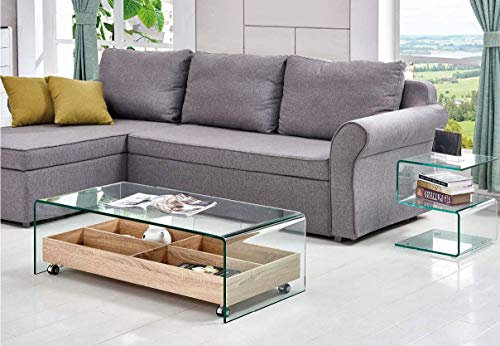 MF- Mesa Auxiliar Modelo ARIANA Baja, Fabricada íntegramente de cristal templado y curvado de 12 mm, Elemento auxiliar de MDF con compartimentos y ruedas, 110x55 cm - Diseño práctico y versátil