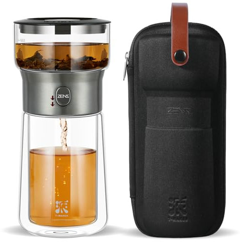 ZENS Modern Solo Tea Infuser Teapot, Smart One Touch Drip Tea Pot for Loose Tea Diffusers, Small Glass Gongfu Magic Teapot with 270ml Insulated Cup and Portable Tea Kits for Tea Lovers Gifts