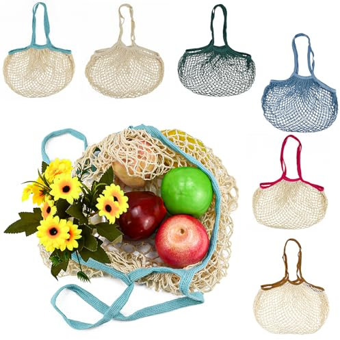 NAROSEBE 6 Stück Baumwolle Einkaufsnetz Obst Gemüse Netztasche Wiederverwendbare Netzbeutel Mesh Einkaufstaschen Netz Baumwolle Gemüsebeutel Einkaufsnetzbeutel für Obst Gemüse Lebensmittel, 6 Farben