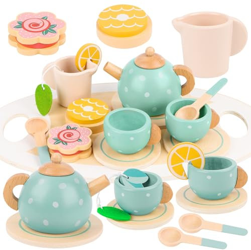 Service à Thé en Bois pour Enfants, Service à Thé Jouets, Tea Party Jeux de Rôle, Jouet Éducatif Éveil Montessori, Accessoire Jeux de Cuisine, Cadeau Créatif pour Enfants Filles 3 4 5 6 Ans
