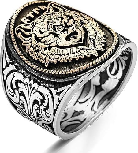 925 Sterling Silber Gokturk Grauer Wolf Türkischer Herrenring. Tier Wolf Modell Türk Geschrieben