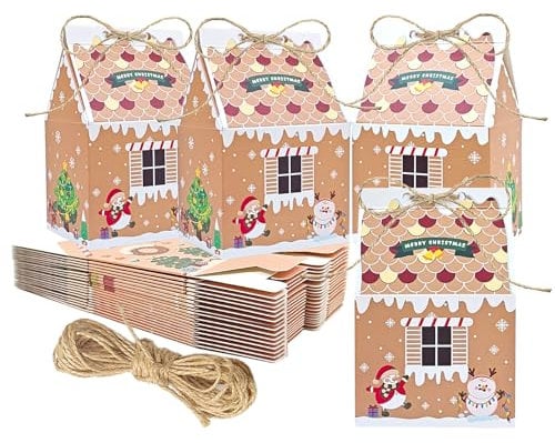 24 Pcs Christmas Party Gift Boxes - Kraft Paper Candy Boxes with Hemp Ropes for Xmas Party Decorations