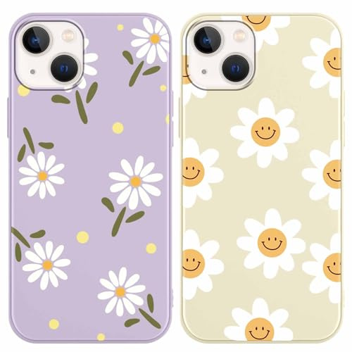 Yoedge 2 Stück HandyHülle für iPhone 15 Hülle 6,1, Mädchen Schutzhülle Blumen Muster Aesthetic Design,Frauen Geschenk Weich TPU Silikon Stoßfest Cover Case für iPhone 15, Lila Blume