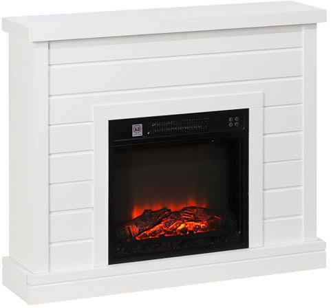 HOMCOM Camino Elettrico con Effetto Fiamma 3D, 97cm 1800W Caminetto Elettrico con Spegnimento Automatico, Risacaldamento Regolabile, Timer e Telecomando per Soggiorno, 30㎡, Bianco