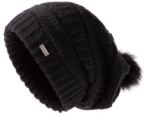 TOP-EX Wintermütze Damen 100% Wolle Slouchy Beanie mit Fellbommel - Satinfutter, Winddicht & perfekt für Outdoor-Sport - Schwarz