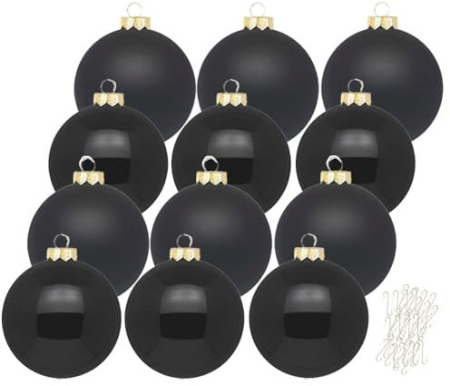 Inge Glas große Weihnachtskugeln mit Haken | Christbaumkugeln aus Glas | Set 12 Kugeln 8cm groß und 40 Aufhänger | Christbaumschmuck Weihnachtsbaumkugeln (Ebony Black | schwarz)