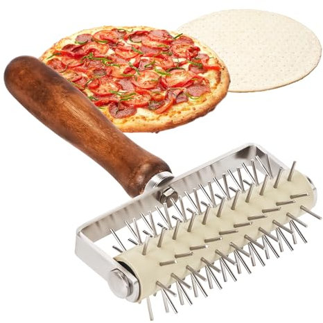 Rodillo Acoplador para Masa de Pizza, 13.3cm Rodillo De Masa de Acero Inoxidable, Rodillo Picar Pasta con Mango de Madera, Rodillo de Repostería para Pizza, Evita Burbujas en la Masa, Lavavajillas
