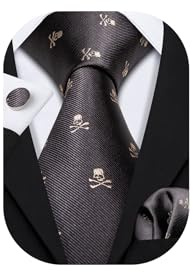 Barry.Wang Mens Brown Ties Skull Silk Necktie Pocket Square Cufflinks Set Fun Animals Party