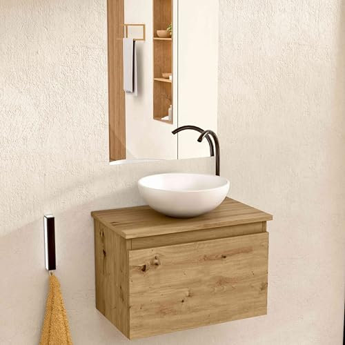 BELLOBATH - Mueble Baño Suspendido con Lavabo de Cerámica Redondo y Espejo, Mueble Baño con Lavabo Montado con 1 Cajón, 49,5 x 32 x 30 cm, Mueble Roble