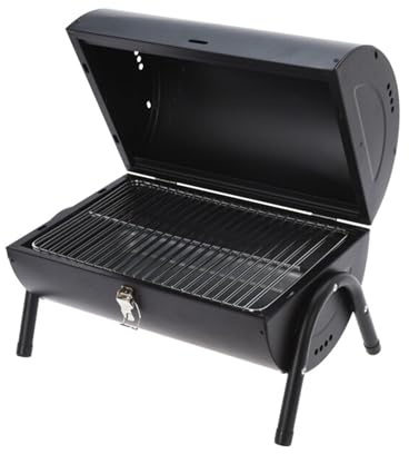 Grillzylinder aus mattschwarzem Metall mit Holzgriff und Metallfüßen. Inklusive 2 Grillroste und 2 Metallplatten 38 x 24,5 cm