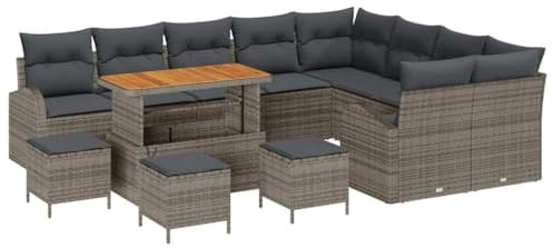 vidaXL 13-teiliges Gartensofa-Set mit Kissen in Grau aus Poly Rattan und Akazie für draußen | 5-Sitzer Terrassenmöbel für chillige Entspannung, einfache Montage und stylisches Design