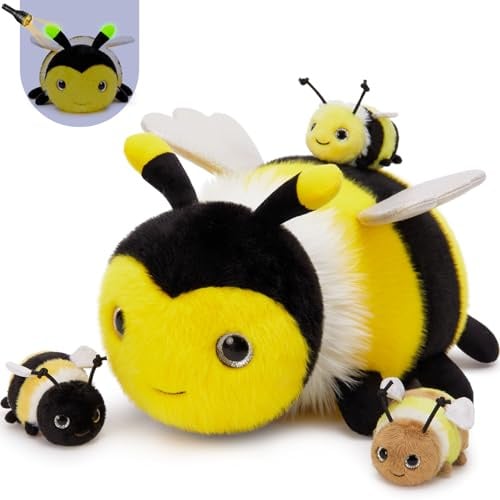 MorisMos 4 stücke Biene Plüschtier Set, 40cm groß Hummel Honigbiene Kuscheltier XXL mit 3 Babys im Bauch, Bumble Bee Geburtstag Weihnachten Geschenk für Jungen Kinder