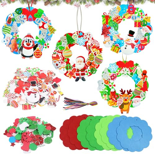Giugio Kit de bricolage de sapin de Noël 266 pièces, ensemble de 8 pendentifs de sapin de Noël, décoration de couronne de Noël en feutre en mousse d’hiver DIY pour la porte d’entrée, la fenêtre, la