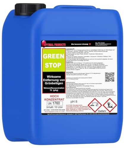 Grünbelagentferner Greenstop New Edition Grünbelagentferner | chlor- und säurefrei | für 1000 qm | Algen und Grünbelag Entferner | Steinreiniger | Terrassenreiniger | Grünspan Entferner 10 Liter