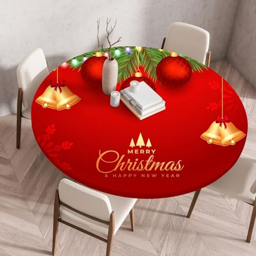FANSU Weihnachten Tischdecke Rund Garten Abwaschbar,für Outdoor Gartentischdecke Xmas Elastisch Schmutzabweisend für Garten Küche, Esstisch, Parteien (Frohe Weihnachten,110cm)